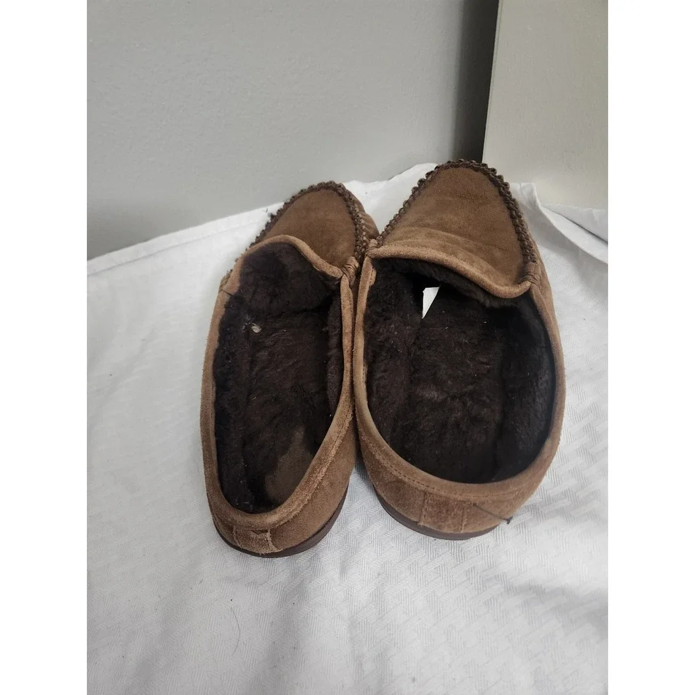 LL Bean Wicked Good Slippers Mens 9 Brown Suede Shearling Lined Scuff Moccasins
